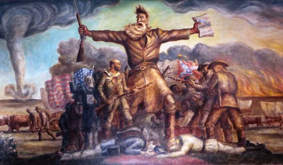 Monumental mural depicting abolitionist John Brown standing amid the violence of "Bleeding Kansas," holding a rifle and a Bible as tornadoes and conflict swirl around him.