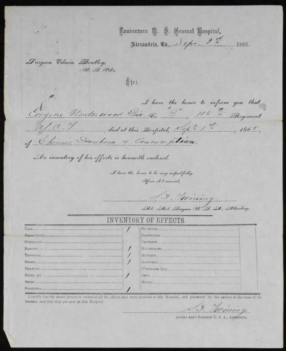 Pvt. Eugene Underwood, of the 115th USCT, died at L’Ouverture Hospital when he was just around seventeen years old. An inventory taken of his personal effects upon his death included clothing such as a cap, blouse, trousers, shirt, and boots.