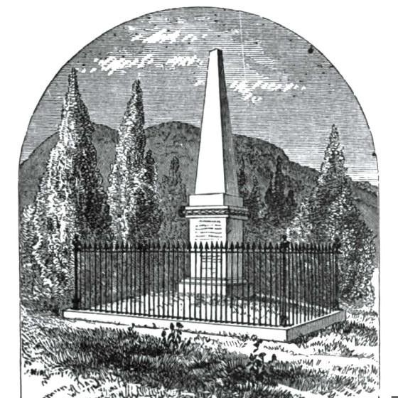 An engraving of Wood's Monument in its original location