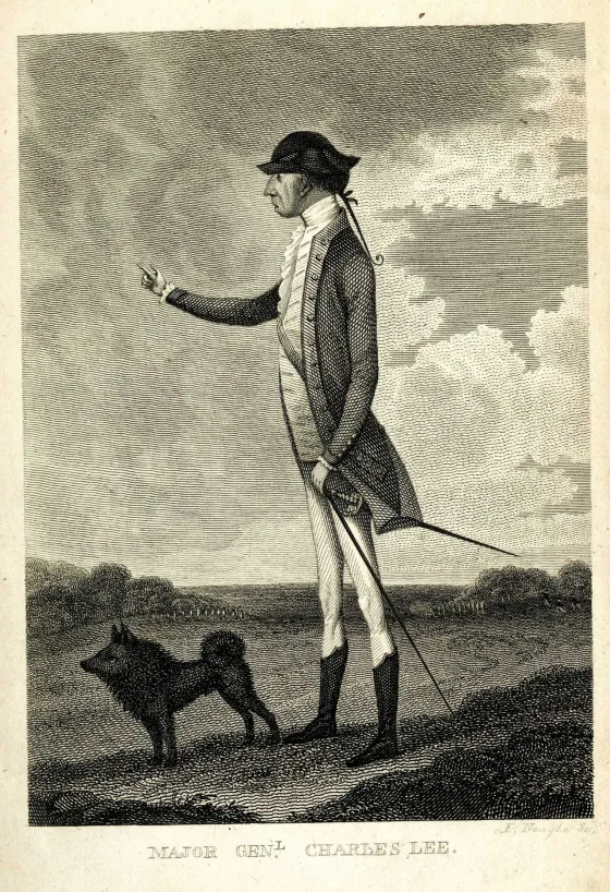 Engraved portrait of Major General Charles Lee in military uniform with his dog, Spado.