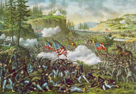 A color lithograph depicting the Battle of Chickamauga