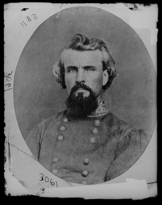 Portrait of Confederate General Nathan Bedford Forrest in military uniform during the American Civil War.