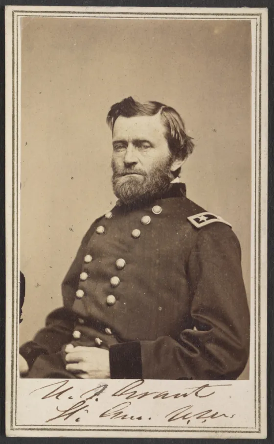 Carte de visite portrait of Union General Ulysses S. Grant in military uniform, seated and facing slightly toward the camera.
