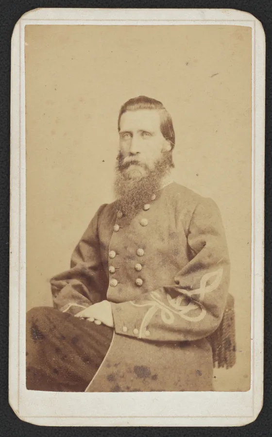 Carte de visite portrait of Confederate General John Bell Hood in military uniform, photographed by J. A. Sheldon in New Orleans during the Civil War.