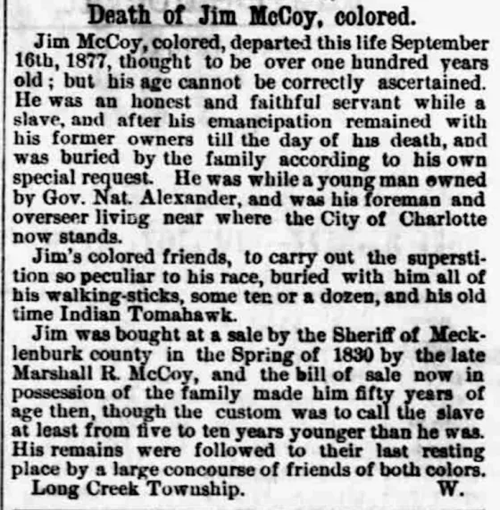 Obituary of Jim McCoy from 1877. Jim is one of the formerly enslaved people buried in the cemetery.