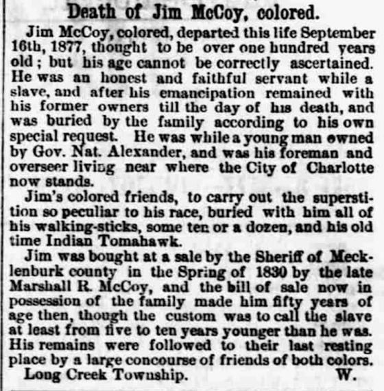 Obituary of Jim McCoy from 1877. Jim is one of the formerly enslaved people buried in the cemetery.