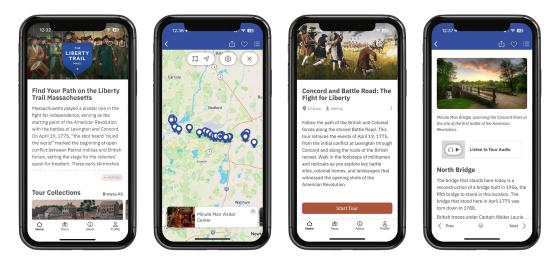 Four screenshots of The Liberty Trail Massachusetts app