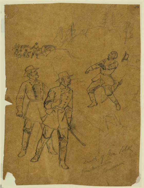 Confederate General Leonidas Polk lies mortally wounded on Pine Mountain as Confederate officers and soldiers react nearby during the Kennesaw Mountain Campaign in Georgia.
