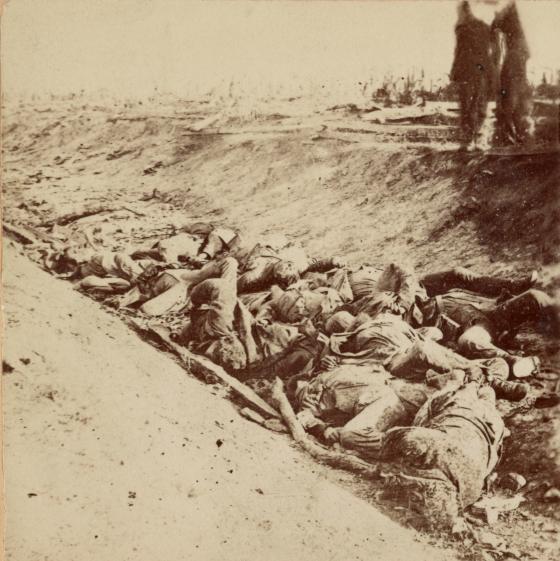 Photograph of dead soldiers along the "Sunken Road" at Antietam