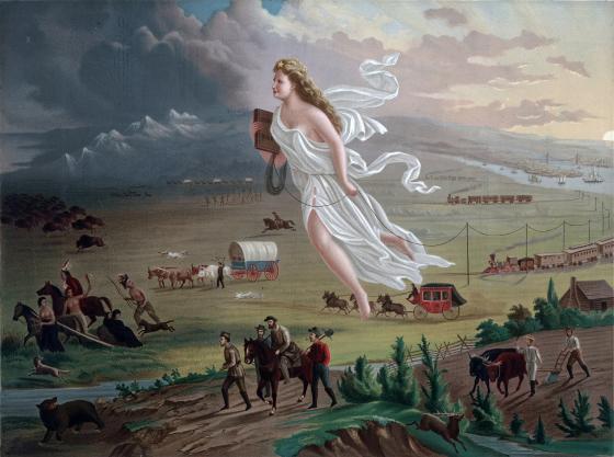 Print shows an allegorical female figure of America leading pioneers westward, as they travel on foot, in a stagecoach, conestoga wagon, and by railroads, where they encounter Native Americans and herds of bison.