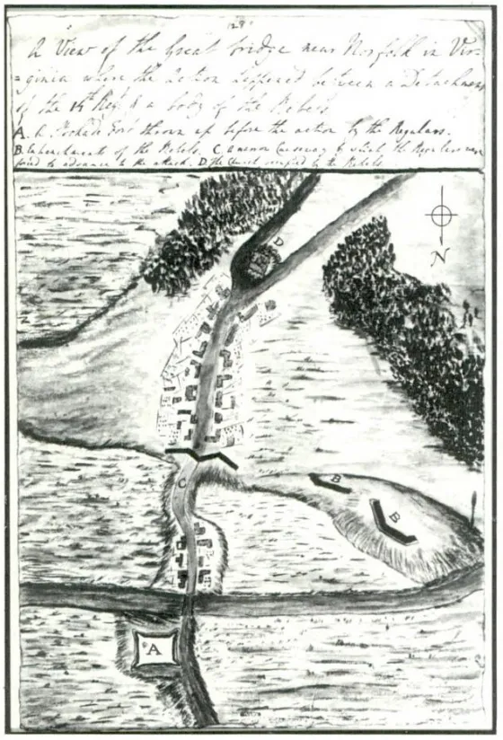 This is a sketch depicting a view of the Great bridge near Norfolk in Virginia.