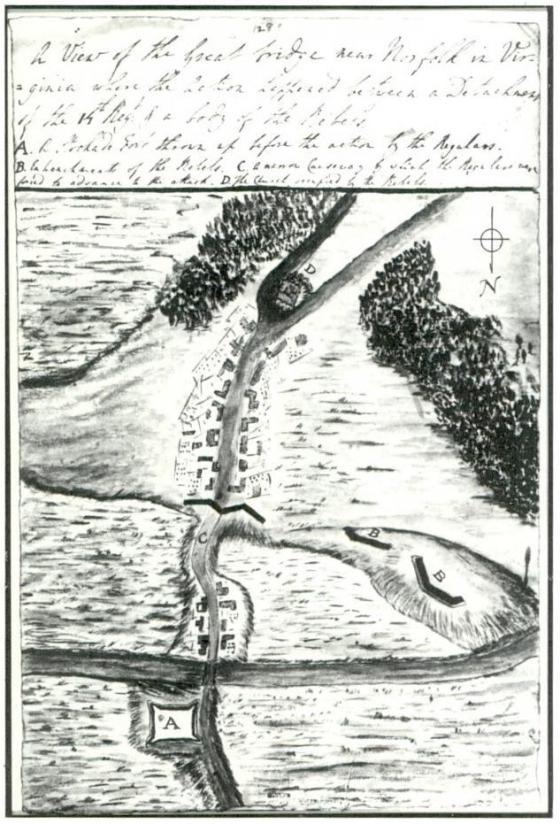 This is a sketch depicting a view of the Great bridge near Norfolk in Virginia. 