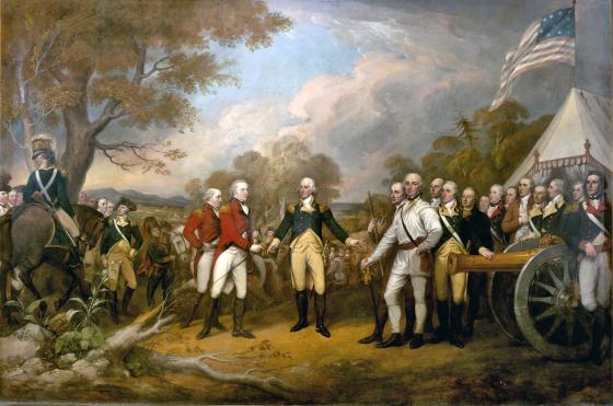 This painting portrays the surrender of General Burgoyne at an American camp at Saratoga. 