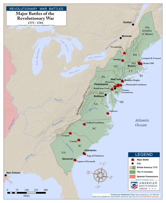 This map marks the major battles of the America Revolution within the Thirteen Colonies. 