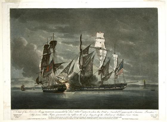 A View of His Majesty’s Brigg Observer, Commanded by Lieut. John Crymes (to whom this print is inscribed) Engaging the American Privateer Ship Jack, John Ropes (commander), by Night on the 29th of May 1782, Off the Harbour of Hallifax, Nova Scotia”.