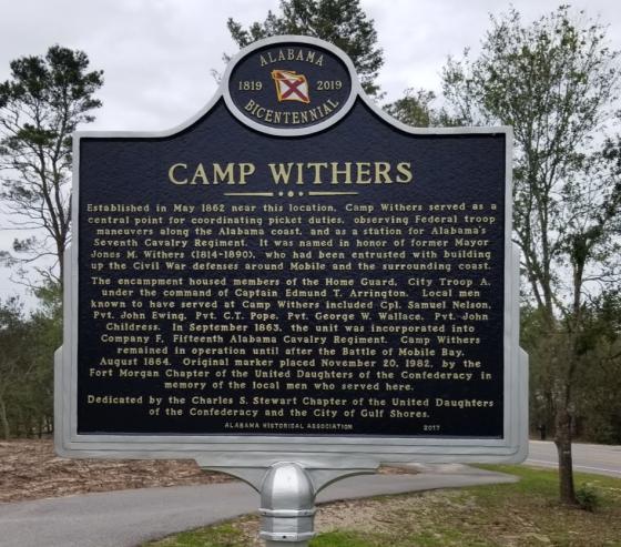 Camp Withers marker situated beside local bike trail in Gulf Shores, Alabama on Fort Morgan Road, close to PNC Bank.