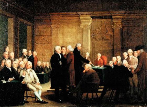 This painting depicts the Second Continental Congress voting on the Declaration of Independence.