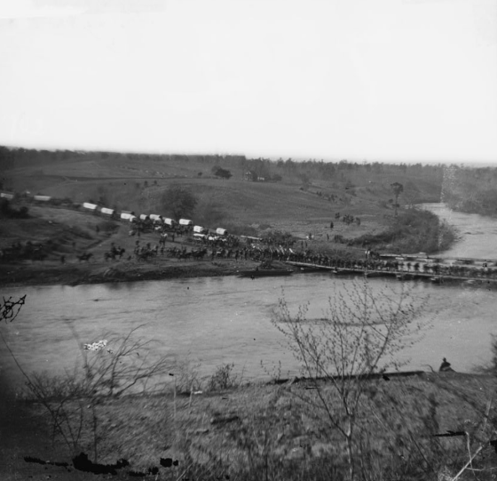 This is an image of Union troops crossing the Rapidan River at Germanna Ford in 1864.