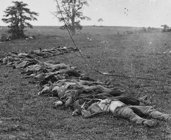 this photograph depicts Confederate bodies awaiting burial after the Battle of Antietam.