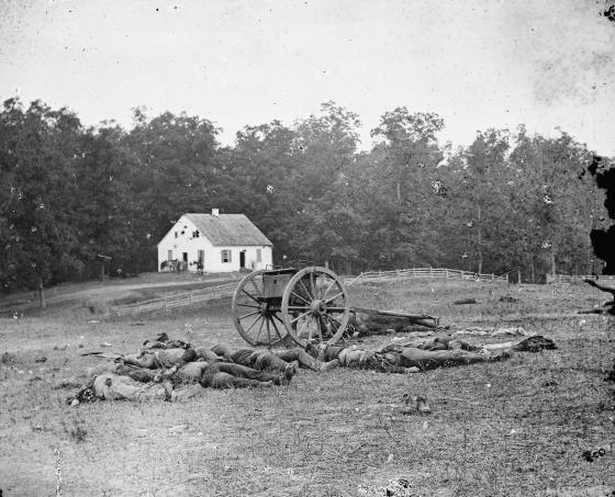 Alexander Gardner's famous photo of Confederate dead before the Dunker Church on the Antietam Battlefield