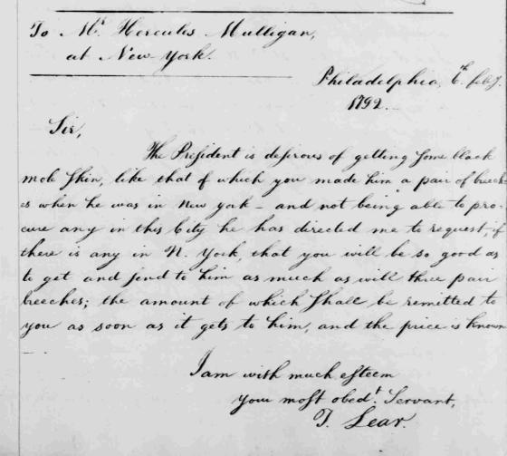 Letter from Tobias Lear to Hercules Mulligan, February 6, 1792