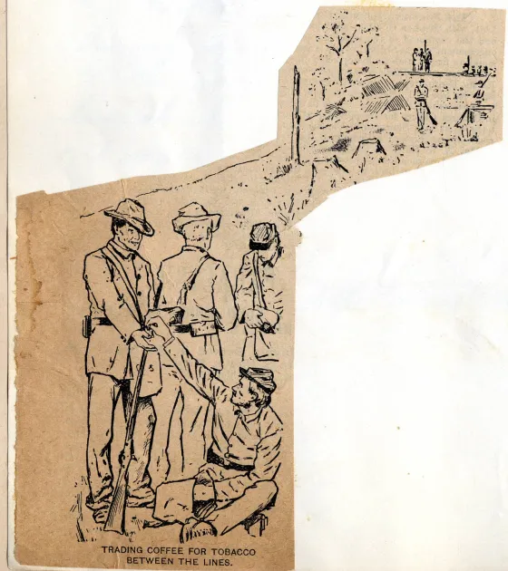 Civil War illustration depicting soldiers from opposing lines meeting to trade coffee.