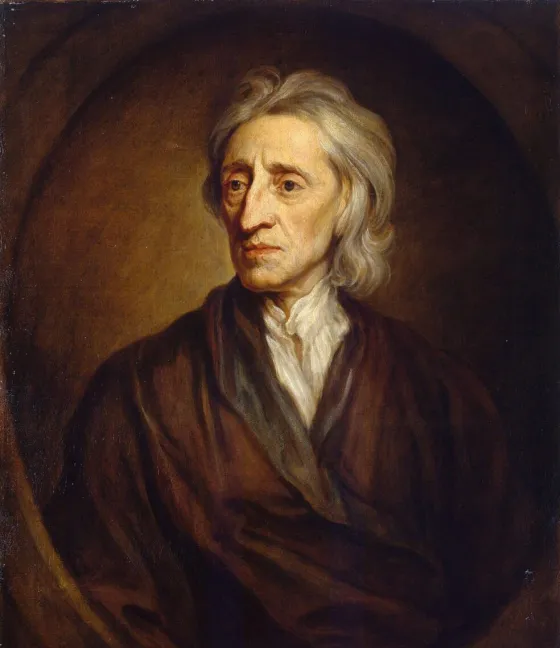 Godfrey Kneller’s 1697 portrait of philosopher John Locke, shown with long white hair, a brown robe and white shirt against a dark background.