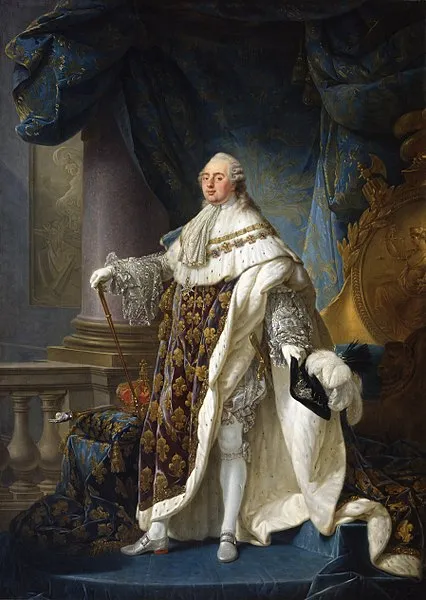 Full-length portrait of King Louis XVI of France wearing elaborate royal robes and standing beside the French crown.