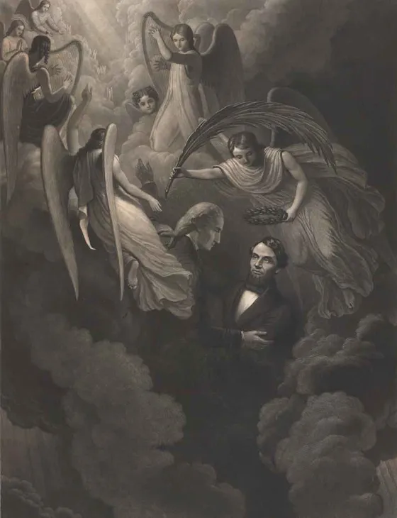 Allegorical engraving depicting Abraham Lincoln ascending to heaven, welcomed by George Washington as angels surround him and place a laurel wreath upon his head.