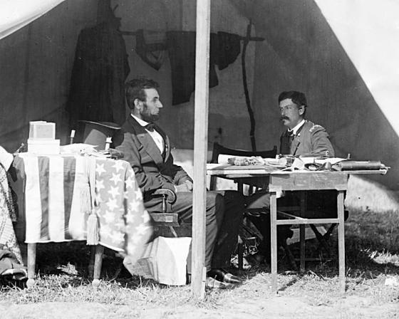 This is an image of Lincoln sitting with McClellan. 