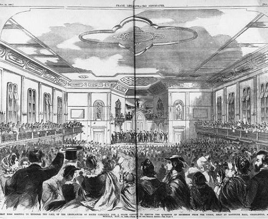 This is a sketch of a mass meeting held at Institute Hall on Meeting Street in Charleston.