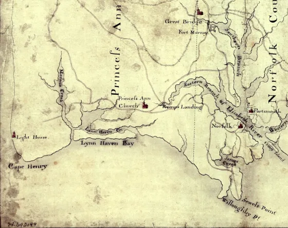 This is a map of the area around Norfolk, Virginia, 1775.