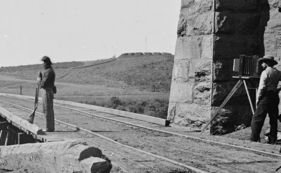 This is an image taken of a bridge outside of Knoxville, TN in late 1863.