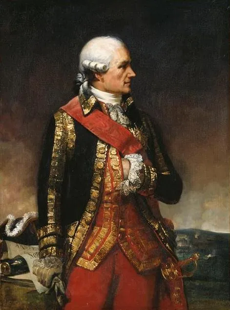 Oil portrait of Jean-Baptiste Donatien de Vimeur, Comte de Rochambeau, wearing the uniform of a French marshal.