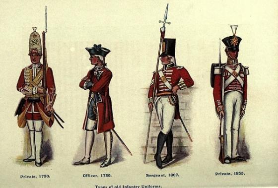 Types of old infantry uniforms of the British army, published 1916.
