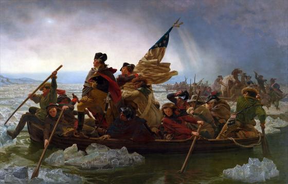 “Washington Crossing the Delaware” painted by German artist Emanuel Leutze in 1851. James Monroe is depicted holding the United States flag.