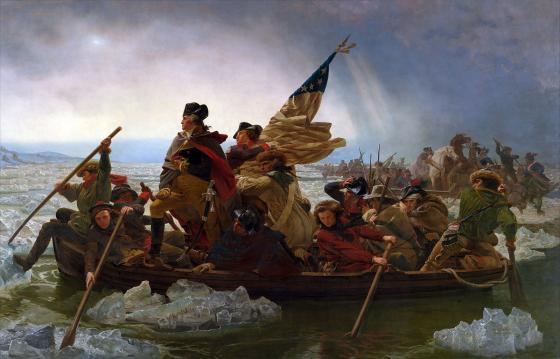“Washington Crossing the Delaware” painted by German artist Emanuel Leutze in 1851. James Monroe is depicted holding the United States flag.