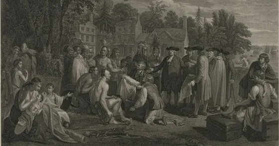 Native Americans and colonists meeting.