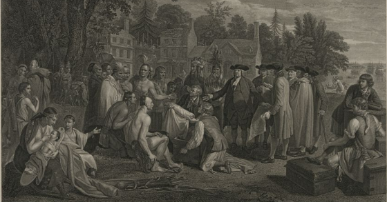 Native Americans and colonists meeting.