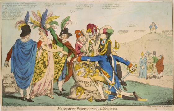 Political cartoon of allegorical Columbia and French revolutionaries