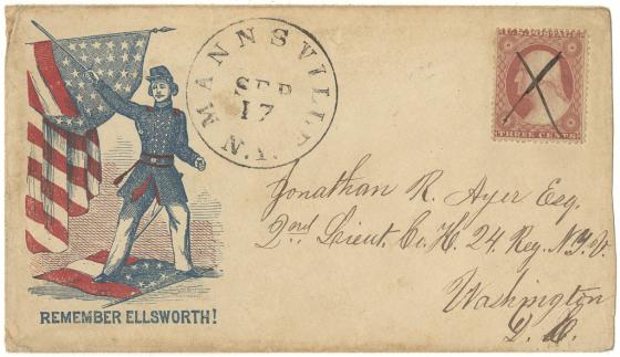 This is a scan of a Civil War-era envelope with a depiction of Colonel Ellsworth and the words "Remember Ellsworth!"