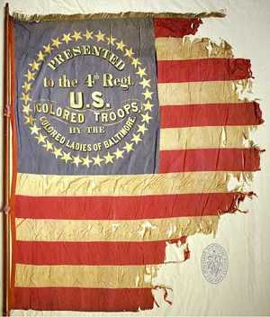 The remnants of the tattered flag of the 4th United States Colored Troops.