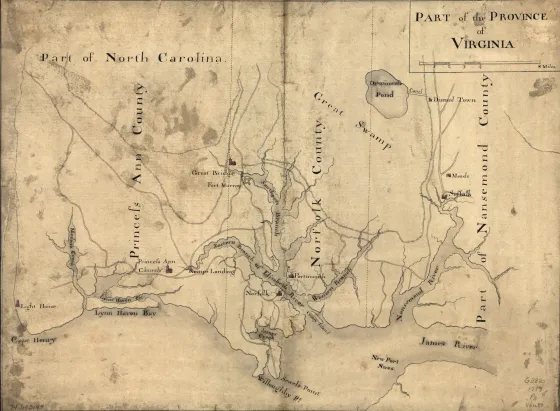 Colored manuscript map of southeastern Virginia showing Princess Anne, Norfolk and portions of Nansemond counties.