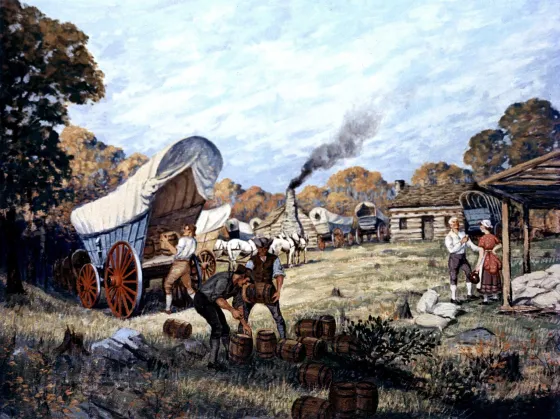 Historical display depicting the Whiskey Rebellion of 1794.