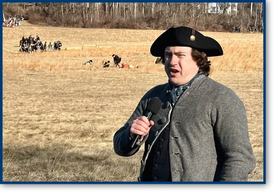Will Krakower, Resource Interpretive Specialist at Princeton Battlefield State Park, narrates the action at the 2026 Battle of Princeton Reenactment