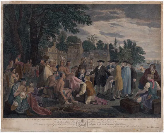 Engraving depicting William Penn meeting with Lenape people beneath a large tree as European settlers, Native people, and trade goods surround the gathering.