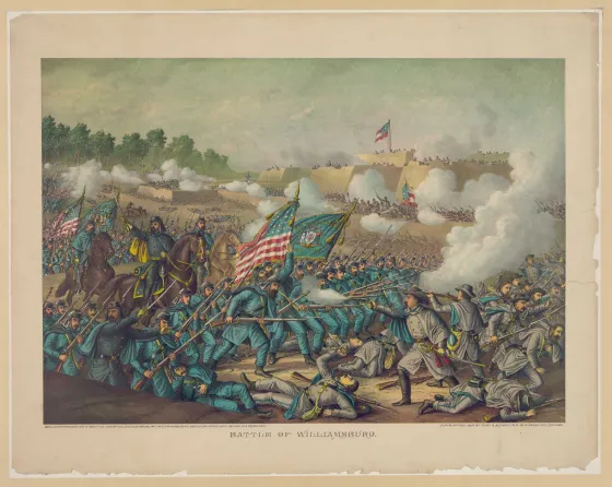 Color lithograph depicting Union troops under Brig. Gen. Winfield Scott Hancock charging Confederate positions during the Battle of Williamsburg on May 5, 1862.