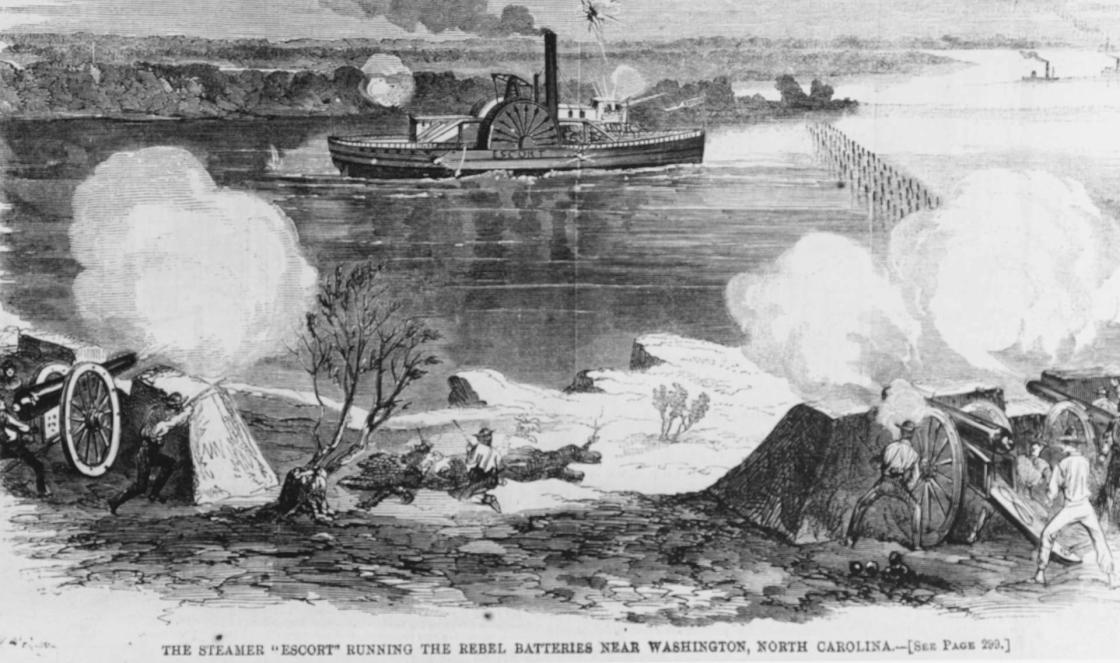 The Steamer “Escort” Running the Rebel Batteries Near Washington, North Carolina. Illustration from an 1863 edition of Harper’s Weekly.