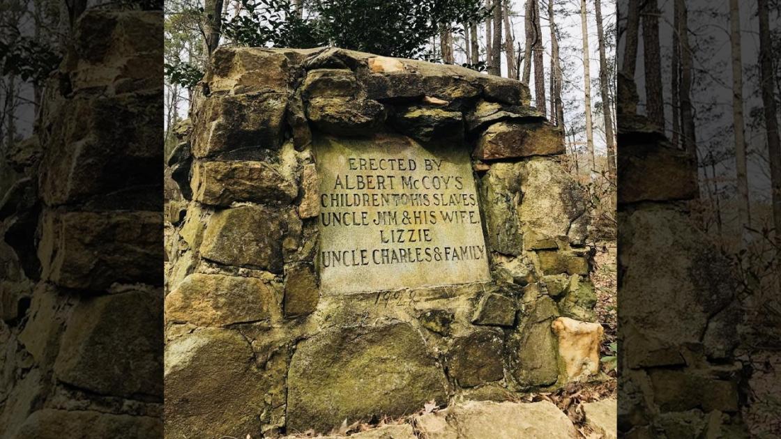 1928 marker placed by McCoy descendants at McCoy Slave Cemetery, Huntersville, N.C.