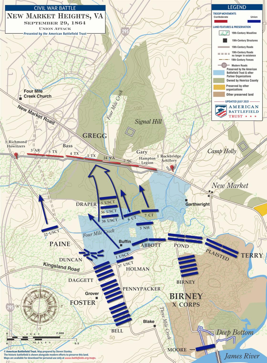 A battle map of the Union Attack at New Market Heights on September 29, 1864